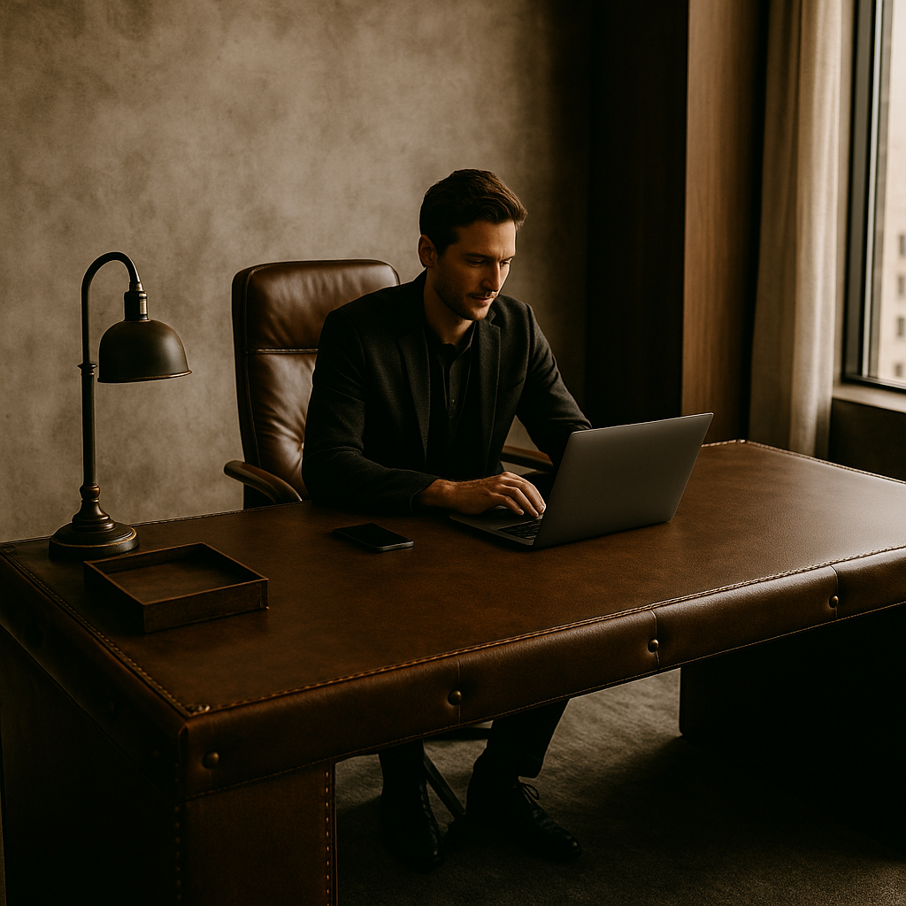 Man in a dark suit working on a laptop at a wooden desk in a dimly lit office.
