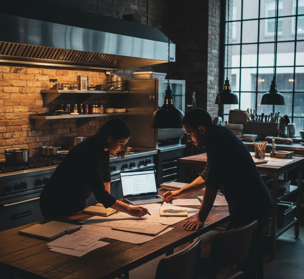 Two professionals leaning over papers and a laptop in an industrial workspace with exposed brick and warm lighting.
