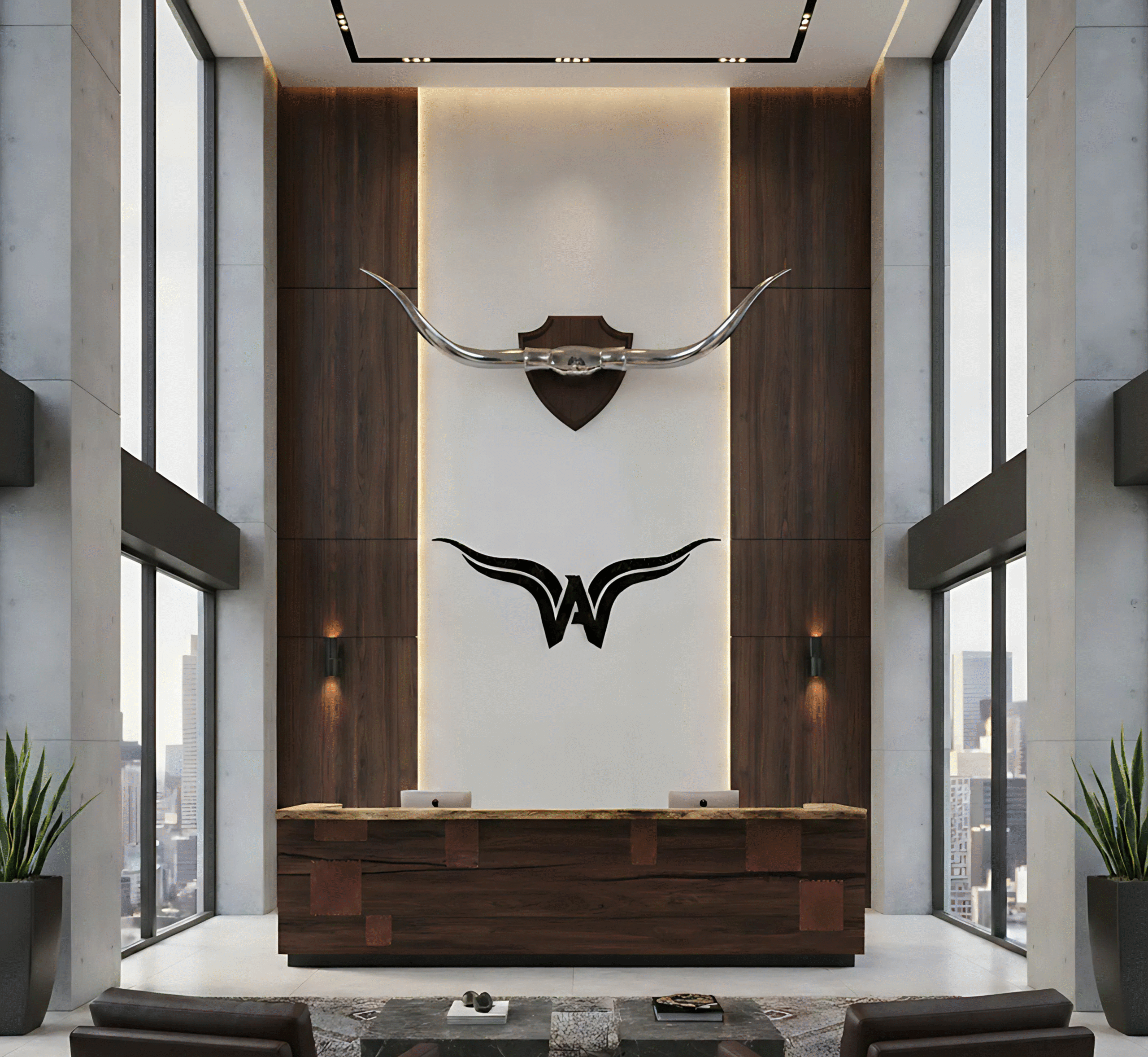 Modern office lobby with wood panels and a bullhorn logo mounted on the wall, moody lighting and tall windows