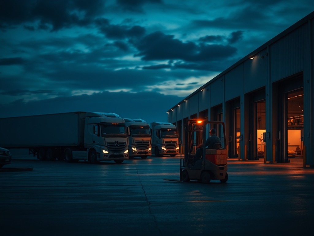 Warehouse loading dock at dusk with semi-trucks parked and a forklift moving pallets under moody blue skies