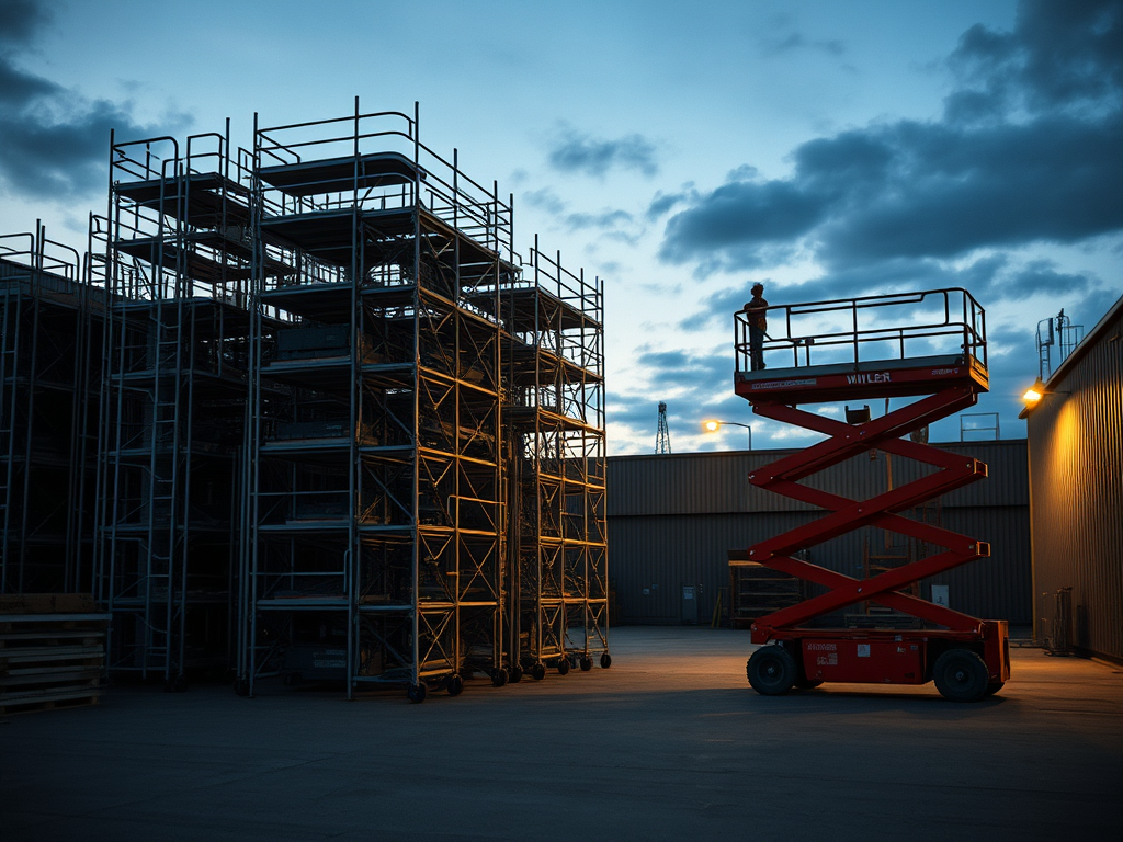 Industrial yard with stacked scaffolding and a red scissor lift on concrete ground, captured in low evening light.