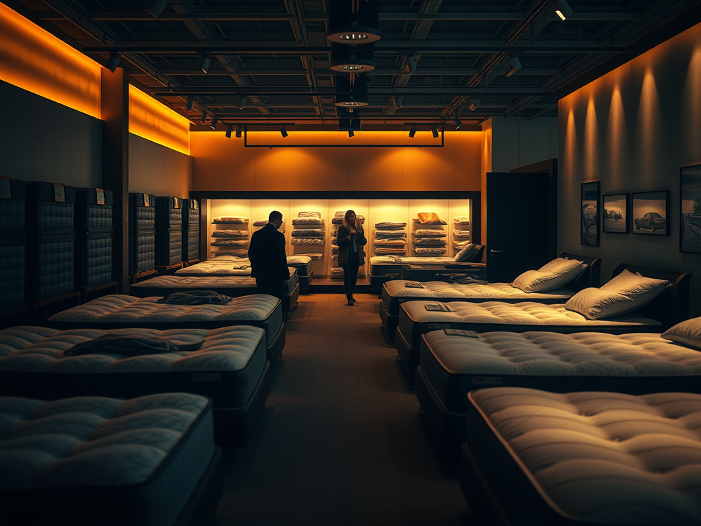Retail showroom lined with mattresses under warm orange lights, a couple browsing in the distance.