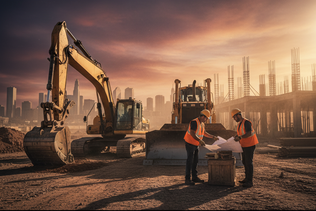 Construction site at sunset with excavator and bulldozer in background, two workers in safety vests reviewing blueprints.